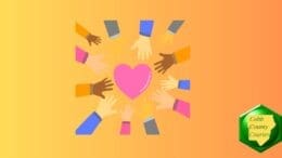 Hands of different colors reaching toward a heart in the center