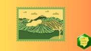 Drawing of a hilly nature scene with a postage stamp border
