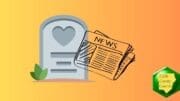 A headstone with a heart, and a newspaper superimposed on it, representing obituaries