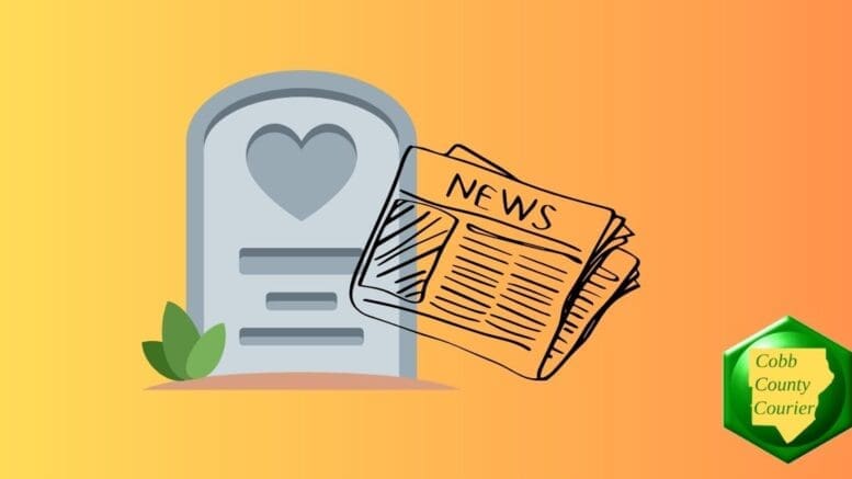 A headstone with a heart, and a newspaper superimposed on it, representing obituaries