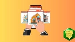 A drawing of a mobile device displaying real estate listings