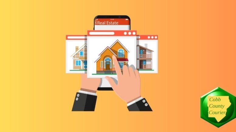 A drawing of a mobile device displaying real estate listings