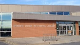The front of the brick North Cobb Regional Library building