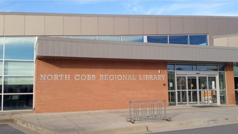 The front of the brick North Cobb Regional Library building