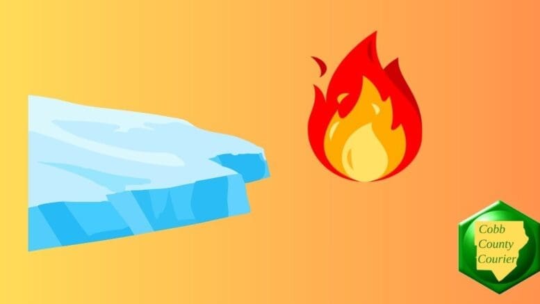 Drawing of a sheet of ice beside a fire symbol