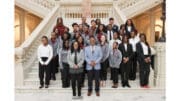 Student Government Association members from Pebblebrook and South Cobb High Schools pose at the Georgia State Capitol with Rep. Terry Cummings and Mableton Mayor Michael Owens during Mableton Student Government Day.