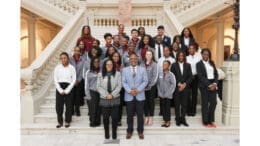 Student Government Association members from Pebblebrook and South Cobb High Schools pose at the Georgia State Capitol with Rep. Terry Cummings and Mableton Mayor Michael Owens during Mableton Student Government Day.