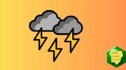 Cartoon-like drawing of two thunderclouds and three lightning bolts