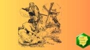 A drawing of Don Quixote on horseback, charging a windmill with a lance