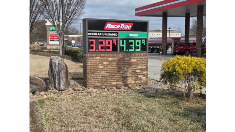 A sign at a RaceTrac advertising gasoline at $3.29