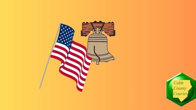 Drawing of an American flag alongside the Libarty Bell