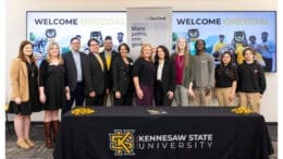 Group photos of officials from Kennesaw State University and education nonprofit OneGoal