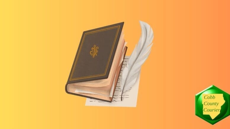 An old-fashioned bound book with a quill