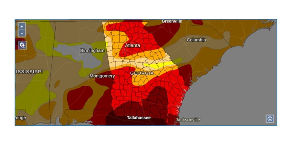 A map showing extreme drought conditions across large portions of Georgia, including much of metro Atlanta