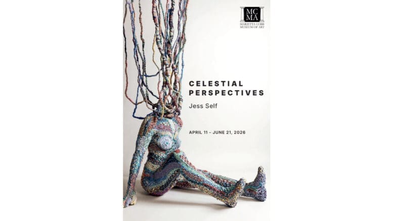 A textile art piece depicting an abstract human form