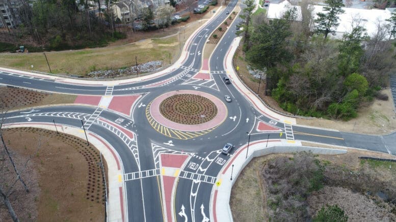 An aerial view of a large roundabout on the South Barrett Reliever