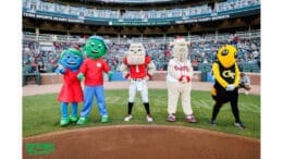 Costumed mascots for Children's Healthcare of Atlanta, UGA, the Atlanta Braves, and the GA Tech Yellow Jackets