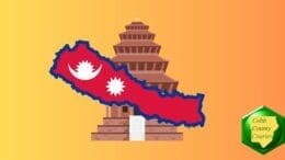 Drawing of an outline of Nepal's map superimposed on a Buddhist temple