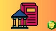 A public building with columns alongside a book