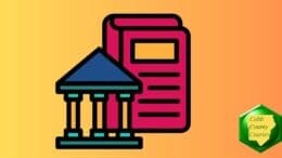A public building with columns alongside a book
