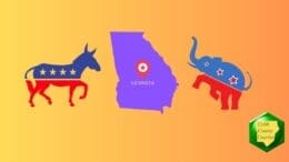 Drawings of Democratic Donkey and Republican Elephant on opposite sides of a purple drawing of the State of Georgia