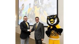 Kennesaw State Vice Provost Sheb True and Oglethorpe Provost and Vice President of Academic Affairs Gabriel Barreneche shake hands