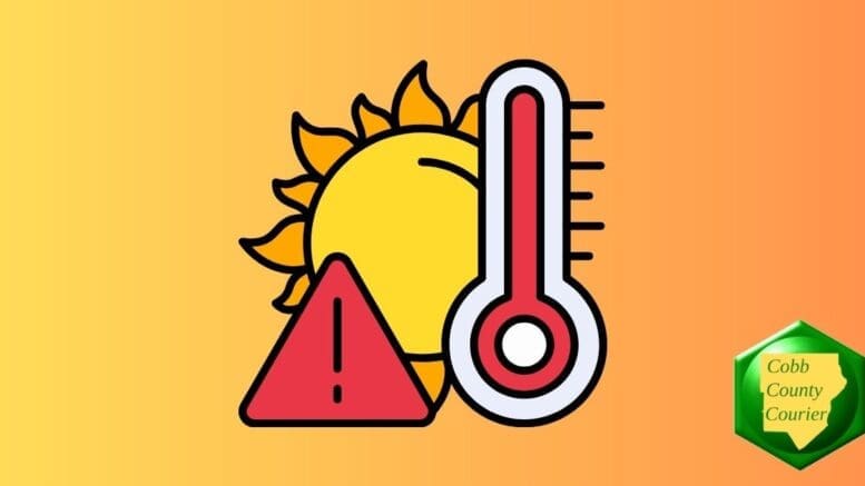 Drawing of a sun, a thermometer, and a triangular alert symbol