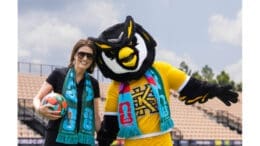 KSU President Kathy S. Schwaig and Scrappy, KSU's costumed owl mascot