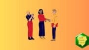 Three people in conversation, two of them shaking hands