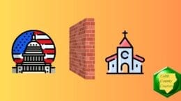 A wall between a drawing of Congress and a church