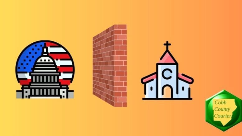 A wall between a drawing of Congress and a church